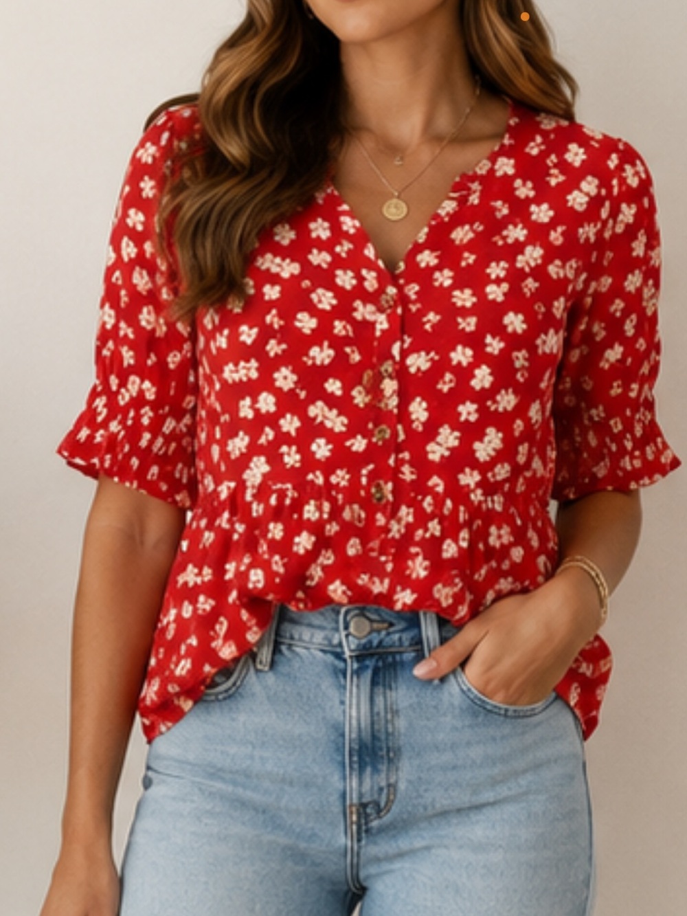 Madewell | Puff-Sleeve Button-Front Top in Swiss Dot Happy Hibiscus